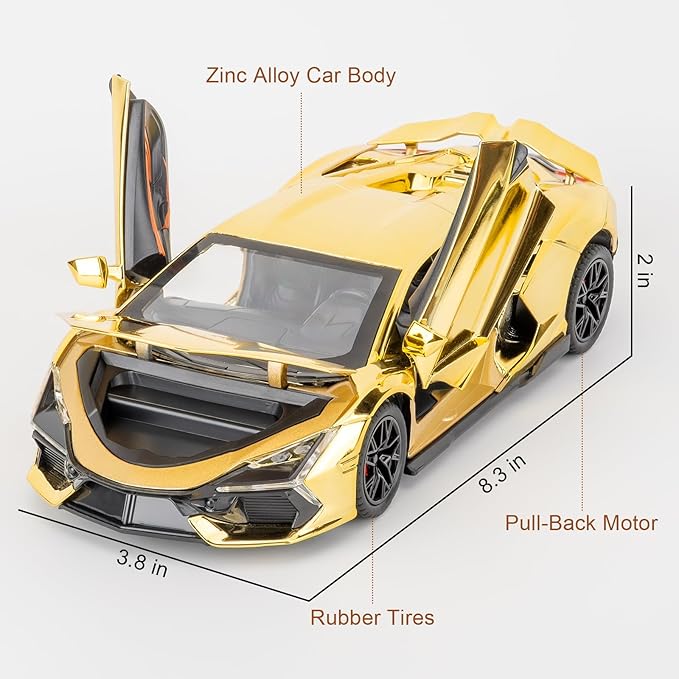1/24 Scale Gold Lambo Revuelto Diecast Car Model, Collectible Diecast Toy Car with Lights and Sounds, Pull Back Vehicles Toy for Adults Kids Birthday Gifts Decoration