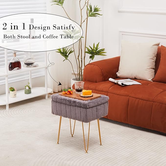 Wimarsbon Faux Mink Fur Storage Ottoman, Modern Soft Footstool, Storage Bench with Metal Legs, Vanity Seat, Fur Stool, Ottoman Coffee Table, Makeup Chair, Vanity Stools for Bedroom (Grey)