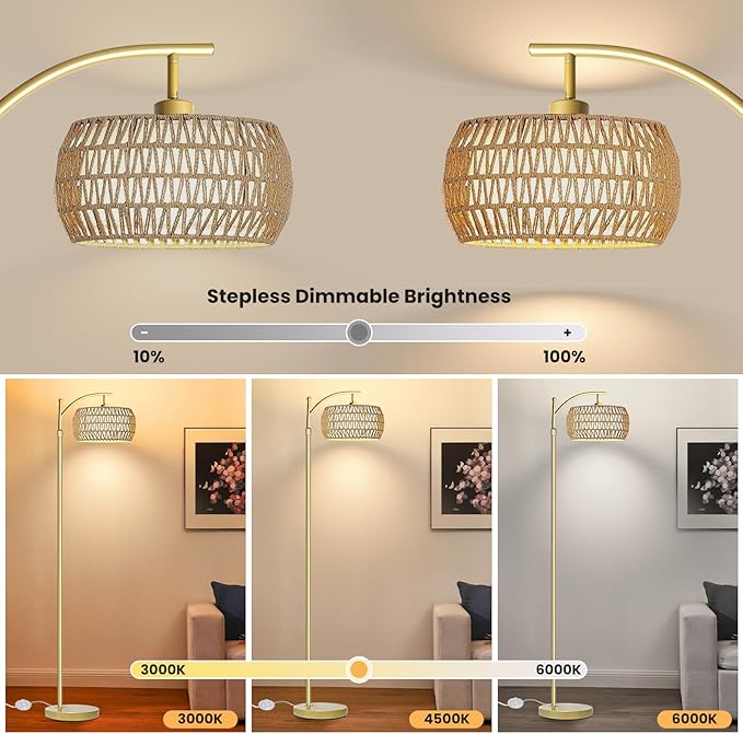 Arc Floor Lamp for Living Room,Farmhouse Floor Lamps with Remote Control & Dimmable Bulb,Gold Boho Rattan Tall Standing Lamp for Bedroom Office