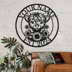 Personalized Highland Cow Name metal Signs,Custom Highland Cow Metal Shed Wall Decor,Black Metal Wall Art Plaques Outdoor wall Decorative Signage (Style E)