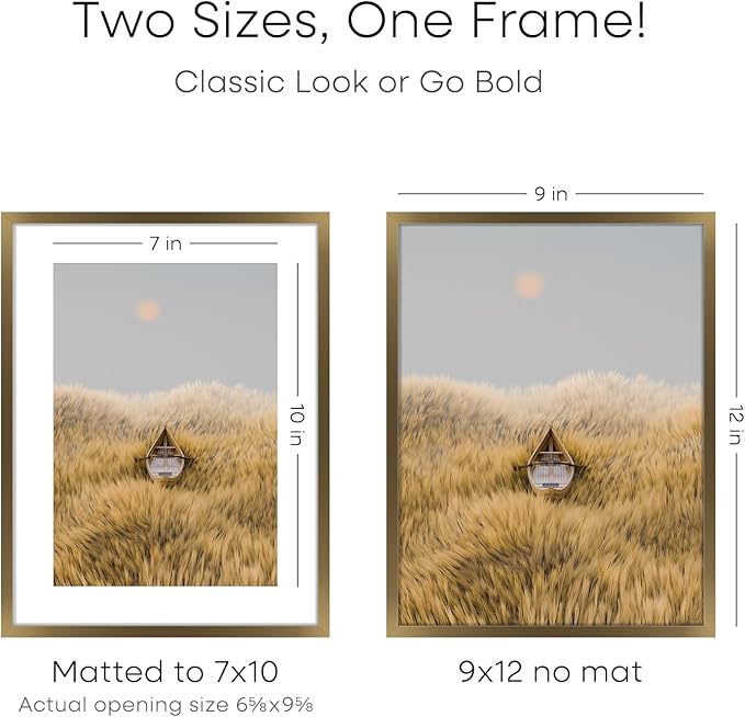 Homeforia 9x12 Frame Bronze, High End Metal 9 x 12 Brass Picture Frames with Mat 7 by 10 inch Photo, 9by12 Poster Frame Matted to 7x10, 12x9 Wall or Tabletop Frames, Tempered Glass, Wall Kit, Set of 1