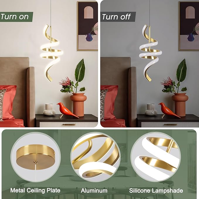 Spiral LED Pendant Light Fixtures, 15IN Modern Pendant Lights Adjustable Height 4000K Gold Kitchen Island Light Chandeliers for Dining Room Hanging Lights, 1 Pack