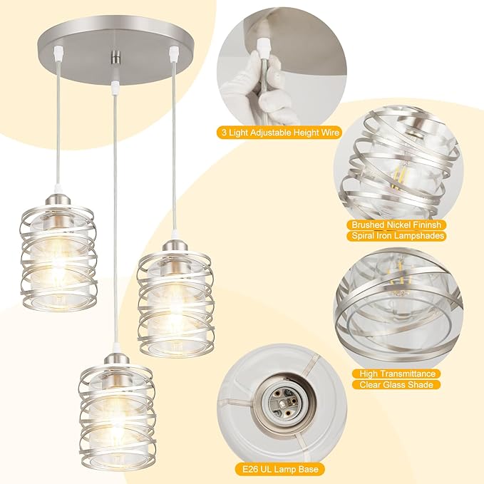 Pendant Lights Kitchen Island Brushed Nickel Pendant Light Kitchen Island Lighting, 3-Light Pendant Light Fixtures with Clear Glass Shades Spiral Iron Cluster Dining Room Light Fixture