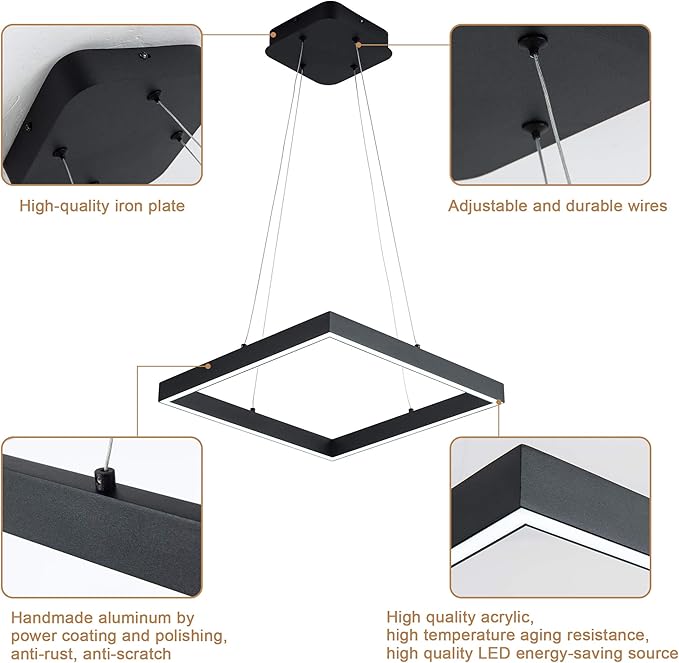 Modern Led Pendant Light Square Led Chandelier 1 Ring Acrylic Pendant Lighting Fixture for Bedroom Living Room Dining Room Kitchen Island 25W 6000K Not-dimmable 15.7L*15.7" W (Black)