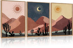 HPNIUB Boho Desert Framed Canvas Wall Art Set, Abstract Sun Moon Art Prints, Modern Cactus Paintings Artwork, Mid Century Southwestern Landscape Wall Decor for Living Room, Bedroom, Office-16 x24 x3