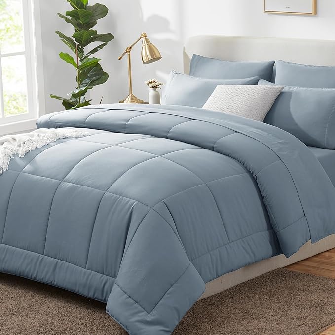 CozyLux Queen Comforter Set Grayish Blue, 7 Pieces Bed in a Bag, Blue Comforter Queen Size, All Season Bedding Sets with Stitch Quilted Comforter, Flat Sheet, Fitted Sheet, Pillowcases
