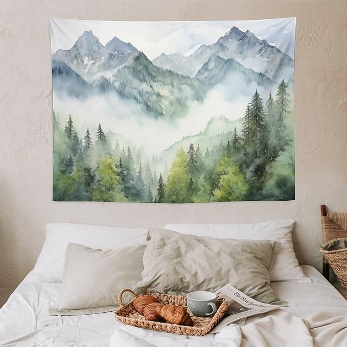 HZOHNAGO Mountain Tapestry Misty Green Forest Mountain Pattern Printed Wall Tapestry Wall Hanging for Bedroom Living Room Dorm 40" W x 30" H