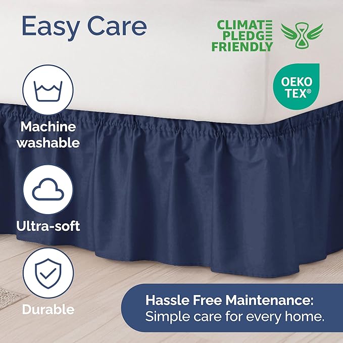 Wrap Around Dust Ruffle Bed Skirt - Navy Blue - for Queen Size Beds with 18 Inch Drop - Elastic Strap - Adjustable Pleated Bedskirt with Brushed Fabric and Wrinkle Free - for Women, Men, Kids & Teens