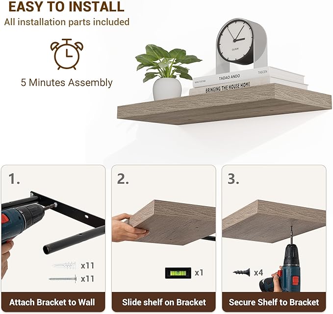 48 Inch Floating Shelves, 3D Textured Wood Grain, 48"x9.25"x1.5" Inch Deep Floating Shelves for Wall, Wooden Shelves for Bathroom, Bedroom, Living Room, Vintage Gray Oak