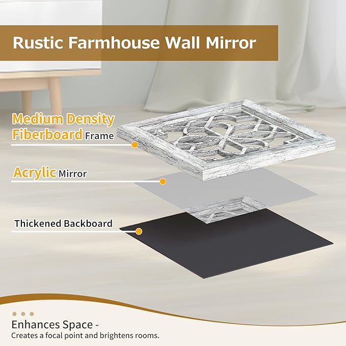 4pcs Farmhouse Wall Mirror with Carved Floral Design -Rustic Mirror Decor for Home, 12x12 inch(Grey)