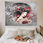Japanese Geisha Tapestry Asian Red Cherry Blossom Red Sun Traditional Kimono Folk Tapestries Home Decor for Living Room Bedroom Apartment Farmhouse Dorm 80"x60"