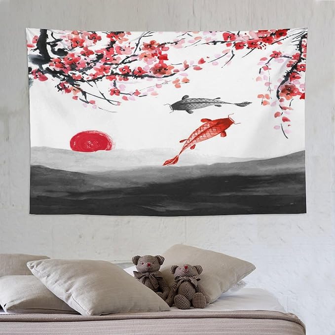 Houselerax Japanese Koi Fish Tapestries, Cherry Blossoms Asian Oriental Flower Branch Koi Fish Carp Tapestry Wall Hanging for Bedroom Living Room Office Decor 90"x60"