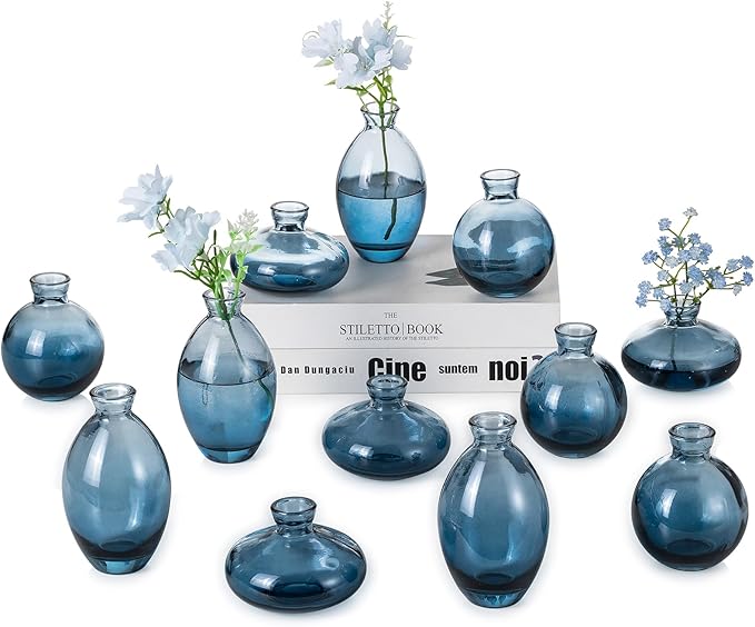 Hewory Glass Bud Vases for Centerpieces: Set of 12 Cute Blue Small Vases Handmade, Mini Flower Vase for Floral Arrangement, Tiny Decorations for Home Office Wedding Reception Party Events Table Decor