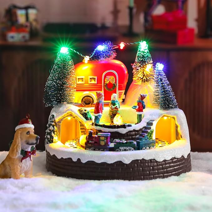 Christmas Village House Musical Christmas Collectible Buildings Camper Bonfire Train Rotation with LED Lights Vacation Village with USB Indoor Figurines Indoor Tabletop Decoration Xmas Decor