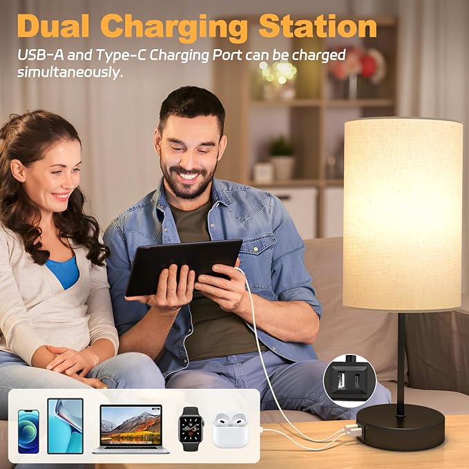 AKASUKI 18Inch Table Lamp with Dual Charging Station, 3 Way Dimmable Touch Lamp for Bedroom, Living Room, Office(LED Bulb Included)