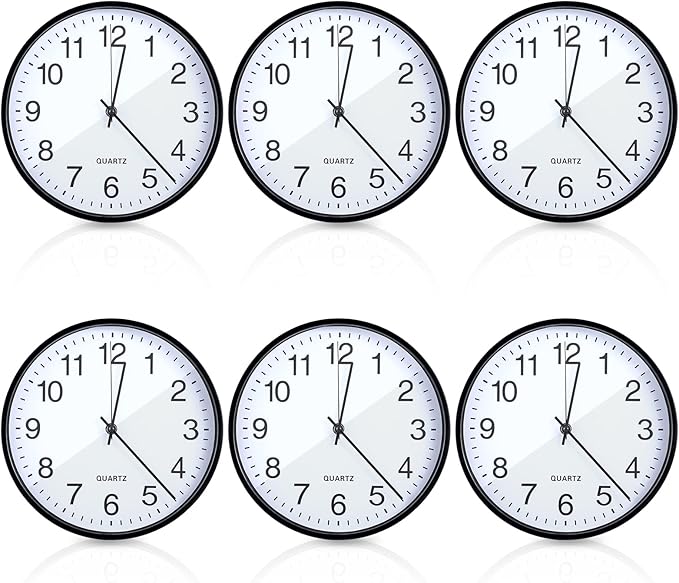 Batiyeer 6 Pcs 6 Pcs Silent Wall Clock Bulk 10 Inch Non Ticking Modern Wall Clocks Battery Operated for Classroom Home Office Kitchen School Living Room Decor (Black)