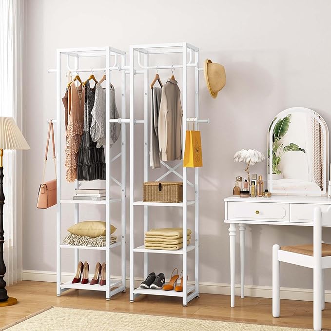 IBUYKE Coat Rack with Shelves, Freestanding Hall Tree with 3 Shelves and 8 Hooks, Industrial Clothes Stand for Entryway, Hallway, Bedroom, White UTMJ088W