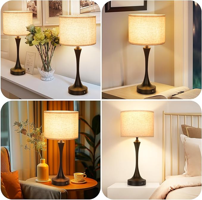 GGOYING 22” Set of 2 Touch Control Table Lamp with USB A+C Ports, 3-Level Dimmable Bedside Lamp with Fabric Lampshade, 3000K LED Bulbs, Nightstand Lamp for Bedroom Livingroom Office, Black