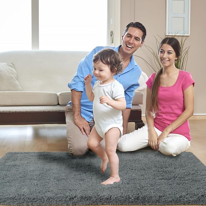 Fluffy Area Rugs for Bedroom：Grey Plush Area Rug 4x6 - Indoor Modern Shaggy Soft Carpet for Living Room Bedroom Kids Room Nursery (Grey, 4x6 Feet)