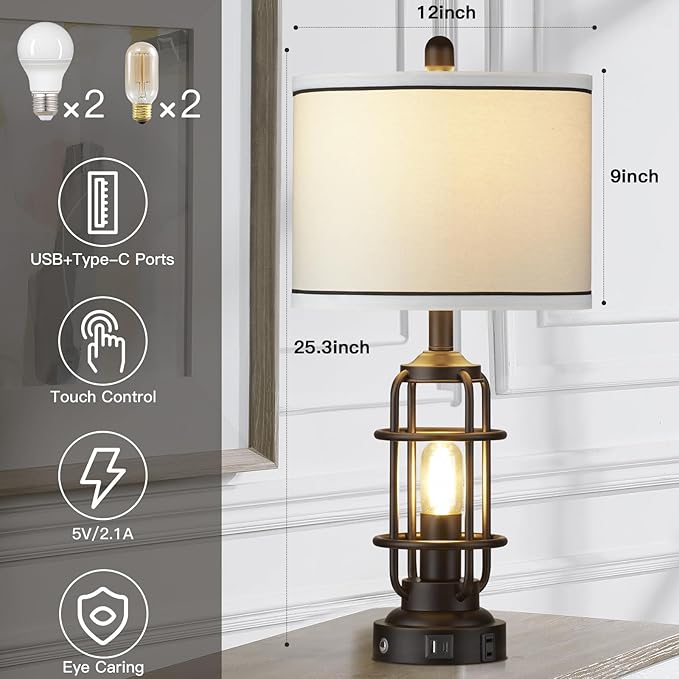 Modern Table Lamps, Industrial 3-Way Dimmable Bedside Lamp with USB A+C Ports & AC Outlet, Touch Control Rustic Nightstand Lamp LED Night Light for Living Room Bedroom Decor Home(4 Bulbs Included)