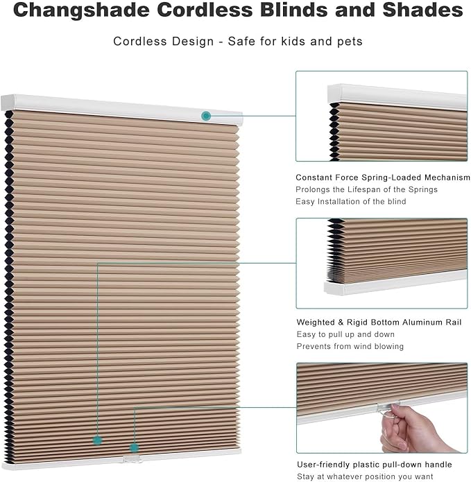 Changshade Cordless Cellular Shades, Blackout Honeycomb Shades for Windows, Pull Down Pleated Blinds, Easy to Install for Indoor Windows and French Doors,37" W x 72" H, Light Brown