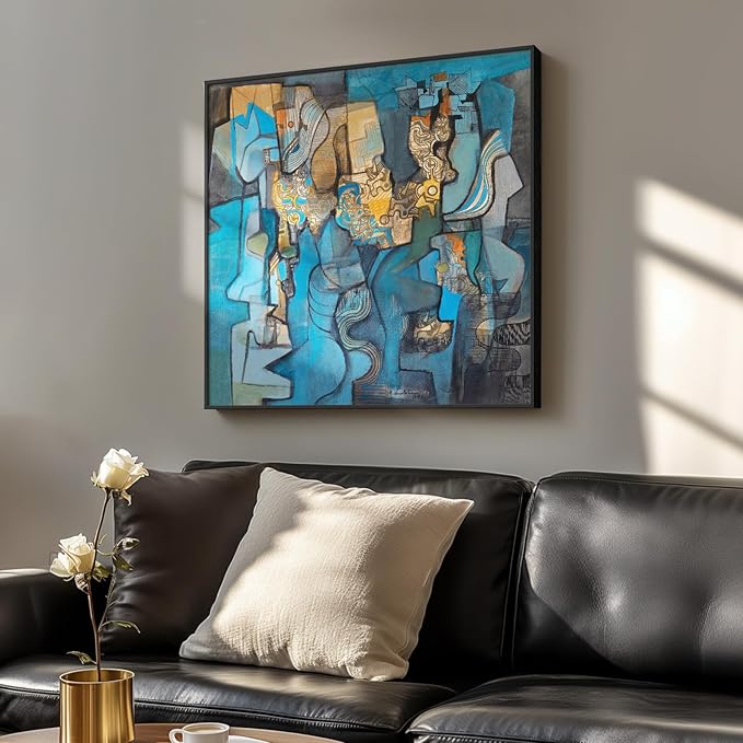 Framed Blue Modern Abstract Wall Art, Large Canvas Paintings Artwork for Walls, Minimalist Art Prints Pictures for Living Room, Hallway, Bedroom, Office, Bathroom Wall Decor -24x24 Inch