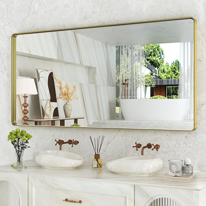 WEER Gold Bathroom Mirror, 72X36 Inch Brushed Gold Metal Frame Mirror, Rounded Rectangle Gold Bathroom Vanity Mirror for Wall, Tempered Glass, Anti-Rust, Hangs Horizontally or Vertically