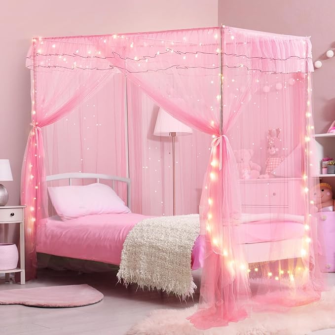 Twin Size Bed Canopy with Lights, Bed Canopy for Girls Princess with Luminous Stars, Canopy Bed Curtains for Twin Bed Kids Indoor Decor Bedroom, 4 Corner Post Bunk Bed for Student Dormitory, Pink