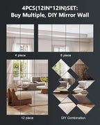 Full Length Wall Mirror Tiles, 12'' x 12'' x 4PCS, Acrylic Unbreakable Full Body Mirror for Bedroom Squares Shatterproof Mirror Sheets Wall Mounted for Home Gym Door Plexiglass Mirrors Safe for Kids
