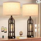 Seealle Table Lamp for Living Room Set of 2 - Copper Bedside Lamp for Bedroom with USB C+A & Outlet, Farmhouse Lamps for Night Stands, 3-Way Dimmable Touch Lamps for Living Room