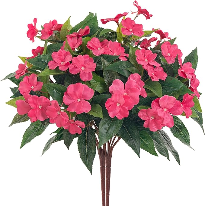 Artificial Impatiens Bouquet Flowers for Outdoors Silk Faux Flowers for Outdoor Impatiens Plants Decor Indoor Planters Kitchen Planters and Balcony Decorations 2PCS（Rose Red）