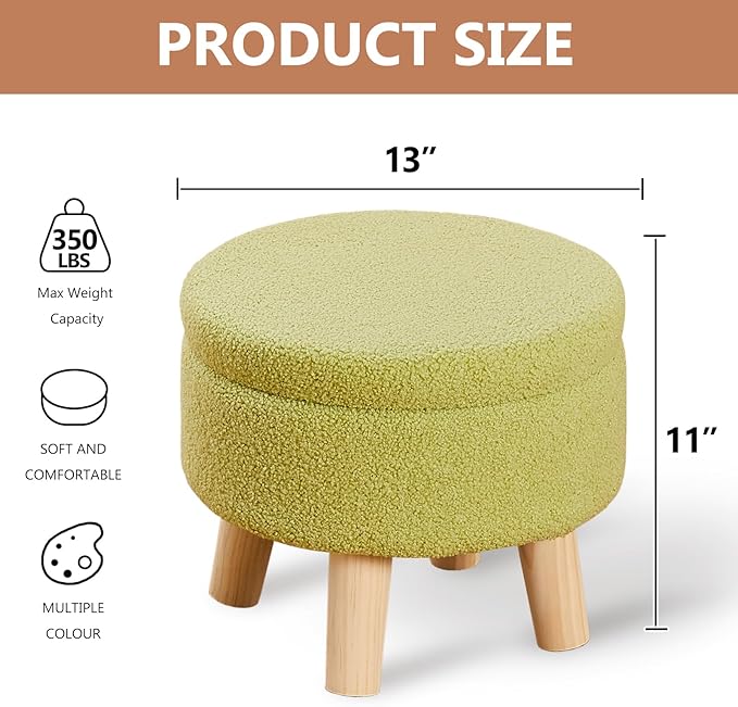 Wimarsbon Storage Ottoman, Modern Round Footrest with Soft Padded Seat, Teddy Velvet Footstool with Wood Legs, Accent Small Table or Plant Stand for Hallway, Living Room (Brilliant Green)