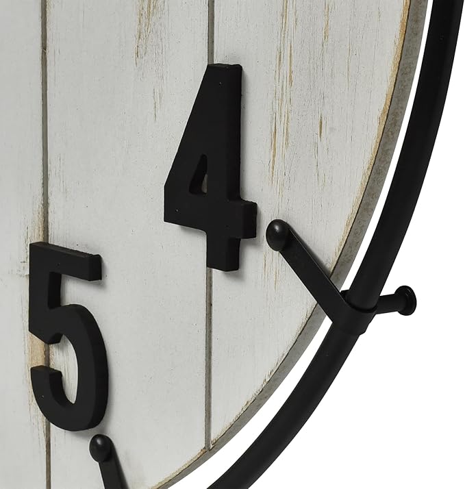 Large Old Town Farmhouse Wall Clock – 24 Inches Rustic Antique Wood with Metal Circle and Large Numerals, Silent Battery Operated Clock for Office, Kitchen, Bedroom, Living Room (Washed White)