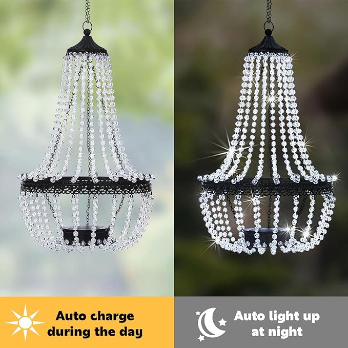 Hanging Solar Chandelier Outdoor, 30 Cool White Lights Acrylic Clear Beaded Chandelier with S Hooks Modern Lantern for Garden Yard Patio Gazebo Decorations, 28”H