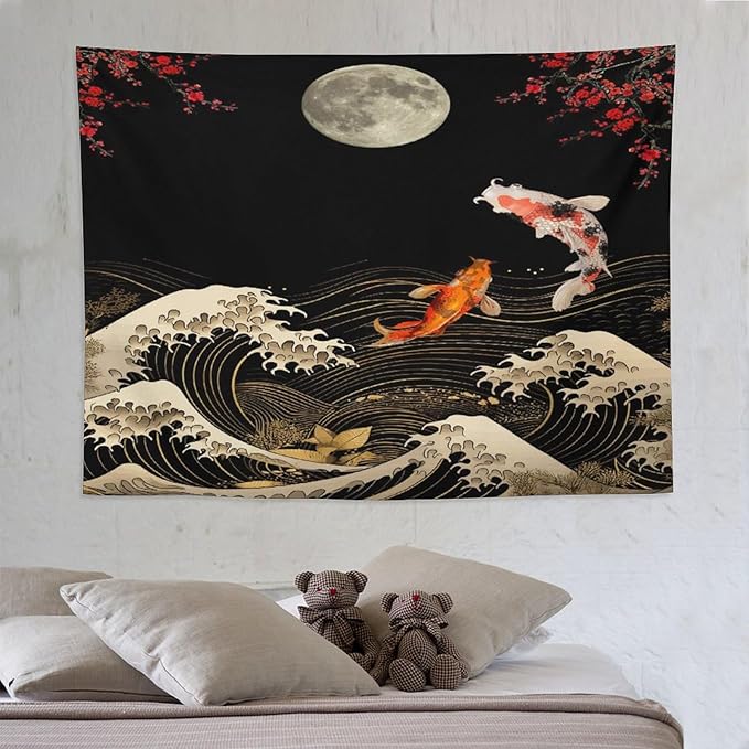 Houselerax Koi Fish Tapestry, Japanese Style Yin Yang Big Wave Cherry Blossom Tapestries Wall Hanging for Bedroom Living Room Office Decor 80"x60"
