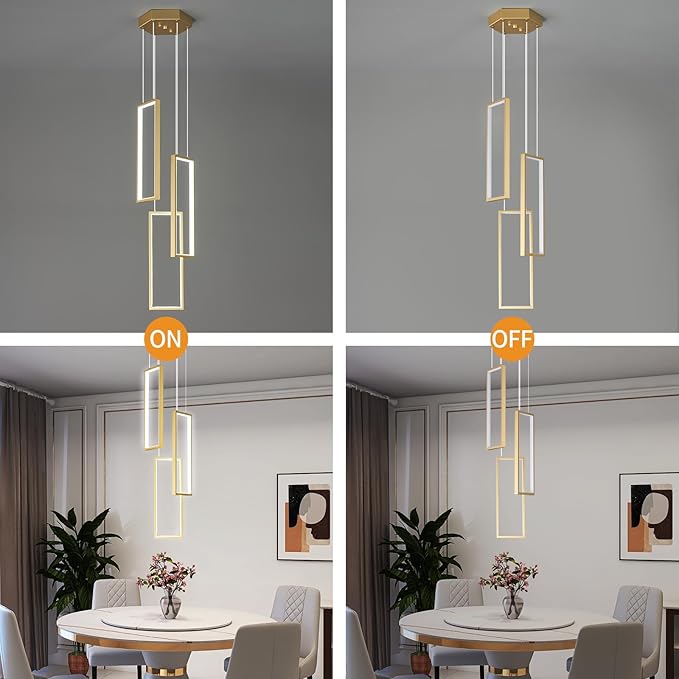 Modern Kitchen Pendant Light Fixture Gold 40W LED Pendant Light 3 Rings Rectangle Chandelier Pendant Lighting for Kitchen Island Living Room Dining Room Bedroom