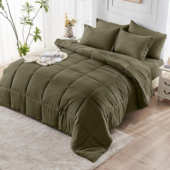 JOLLYVOGUE Queen Comforter Set, Ultra-Soft Bed in a Bag Queen Size 7 Pieces, Oeko-TEX Certified Bedding Set with Down Alternative Comforter, Sheets, Pillowcases & Shams, Olive Green