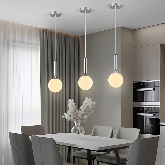Modern Hanging Light Fixture Pendant Lighting for Kitchen Island Mid Century Chrome Pendant Lights with Globe Milky White Glass Pendant Light for Bedroom Bathroom Entryway (1 Pack)