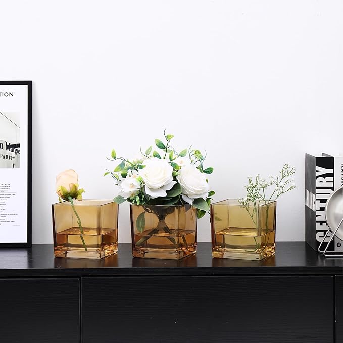 Square Amber Glass Vases Set of 2, 6" x 6" x 6" Square Vase for Centerpieces, Flower Vases for Centerpieces, Small Vase for Wedding, Party, Home Office Decoration