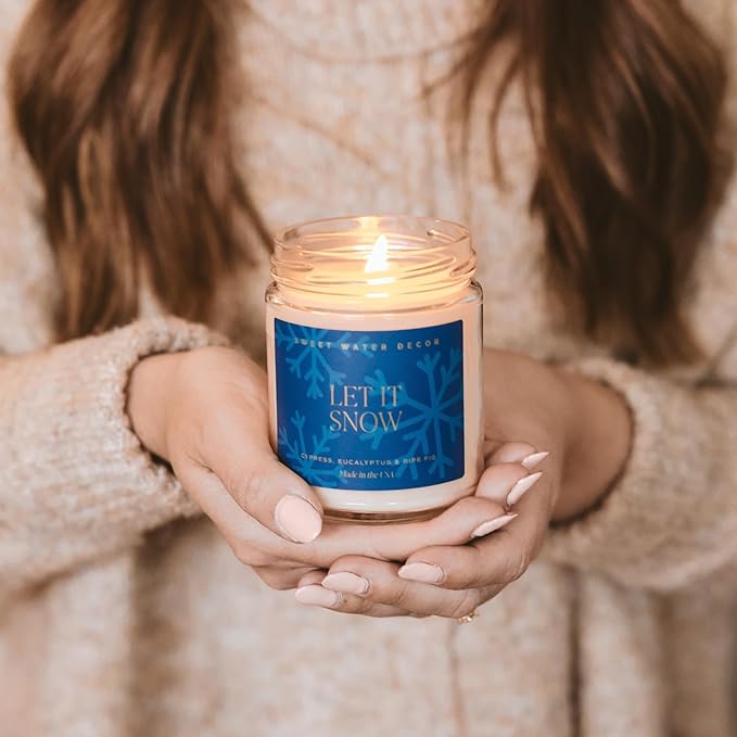 Sweet Water Decor Let it Snow Christmas Scented Candles - Christmas Stocking Stuffers Soy Candles with Cypress Scent - Christmas Candles with 40 Hours Burn Time - 9Oz Gold Lid Clear Jar Wax Candles