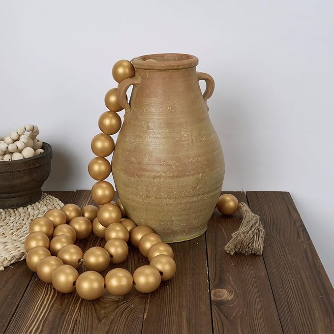 OMISHE 76" Long Extra Large Wood Bead Garland with 1.6" Diameter Wooden Beads and Tassels, Rustic Farmhouse Country Decorative Beads for Home Decor Tiered Tray Decor, Gold