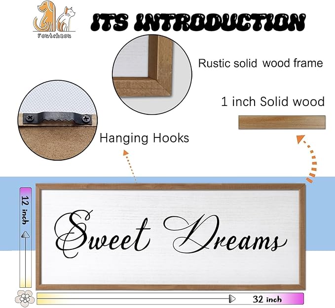 Sweet Dreams Wall Decor Above Bed 32x12 Inch Large Master Bedroom Hanging Wood Rustic Framed Farmhouse Sweet Dreams Sign Guest Room Aesthetic And Minimalist Over Bed Wall Art（Wood White）