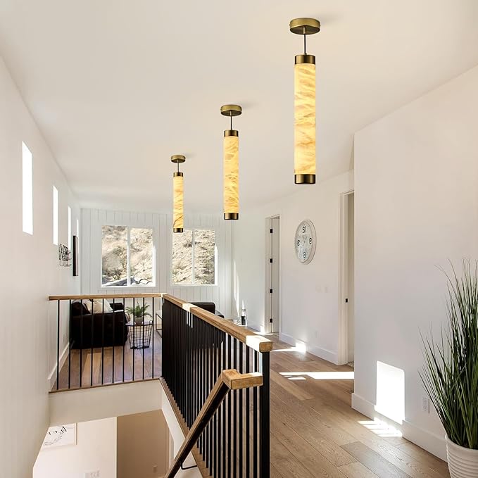 20" Alabaster Pendant Lights, Natural Marble Cylinder Brass Pendant Light, Adjustable Modern Ceiling Light Fixtures for Kitchen Island, Dining Room, Bedroom, Living Room, Bathroom