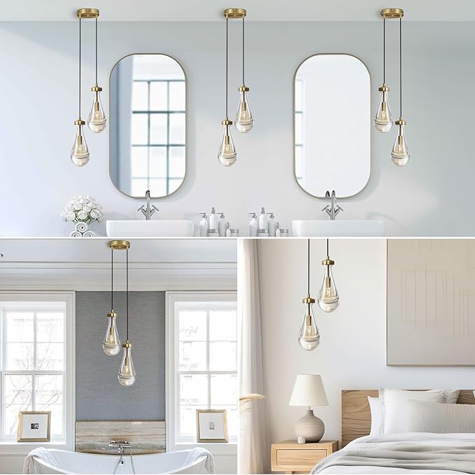 Modern Raindrop Pendant Lights, Brass Cluster 2-Light Pendant Lights Kitchen Island, Gold Bedside Pendant Lighting, Adjustable Suspension Cord for Dining Room,Bathroom,Bedroom,Bulb Included