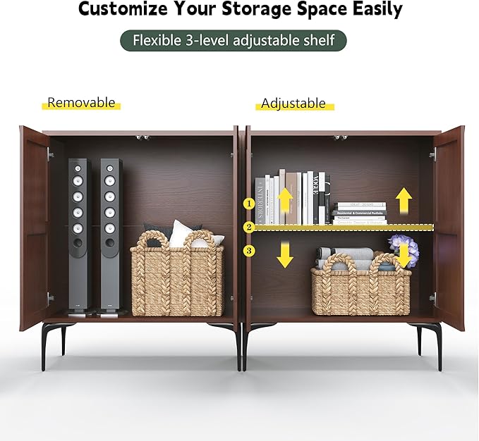 3More 2 Door Accent Cabinet Set of 2,Sideboard Buffet Storage Cabinet with Iron Legs and Adjustable Shelf,3D Lattice Design Suitable for Living Room, Entrance, Dining Room,Walnut