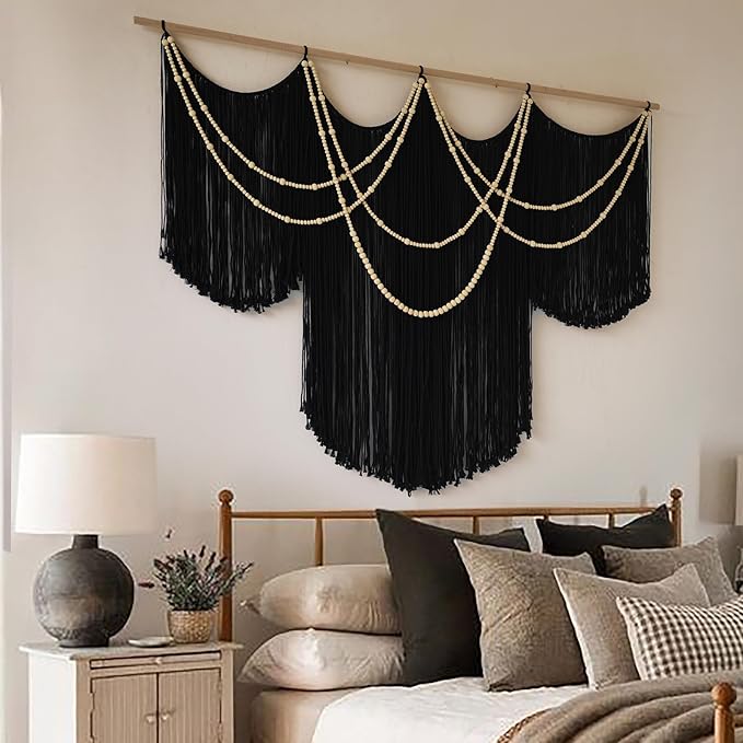 Macrame Wall Hanging Black Yarn Tapestry Home Decor Large Fiber Wall Art Living Room Bedroom Home Wall Decor 57" W x 43" L