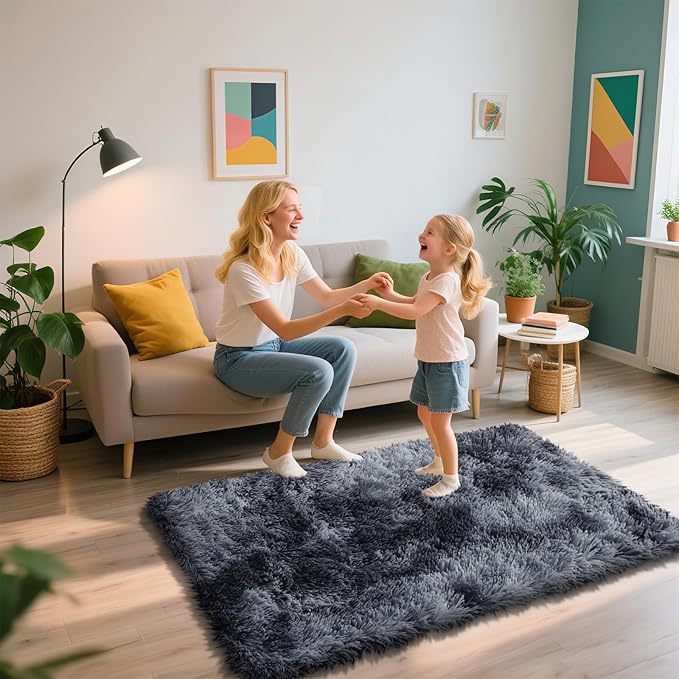 Shag Area Rug for Bedroom 3x5,Tie-Dyed Black Fluffy Area Rugs for Living Room,Soft Fuzzy Rug Non-Shedding Indoor Plush Carpet for Kids Bedroom Nursery Dorm Home Decor