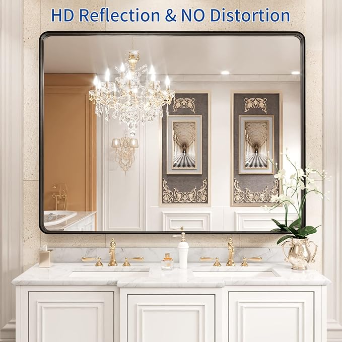 WEER Black Framed Mirror for Bathroom, 40x32 Inch Matte Black Bathroom Vanity Mirror, Rectangular Black Metal Framed Wall Mirror with Tempered Glass, Rounded Corner, Anti-Rust (Horizontal/Vertical)