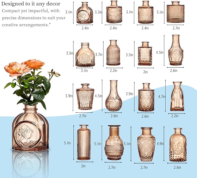 Glass Bud Vases Set of 64 - Amber Assorted Small Mini Glass Vases for Flowers, Crystal Vintage Vase Set, Bulk Centerpieces for Table Décor, Wedding, Home and Events (Amber, 64 Pcs)