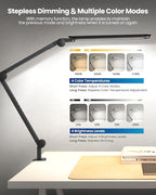 LED Desk Lamp with Clamp, Ultra-Bright Dual Light Architect Desk Light with Adjustable Swing Arm, Eye-Caring 4 Color Modes Stepless Dimming Task Table Lamp for Home Office Reading Study & Workbench
